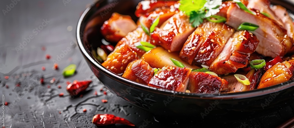 Poster cantonese style roast pork served with pork in a delectable dish perfect for a copy space image