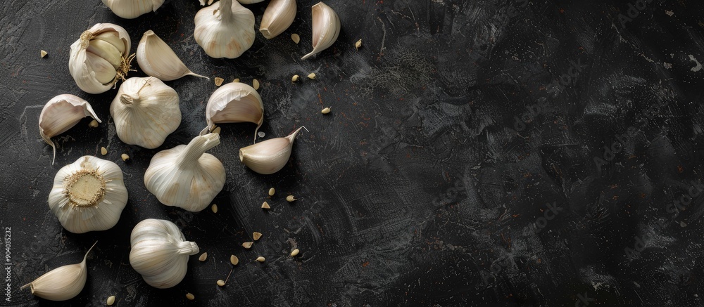 Poster Garlic cloves set on a black surface with ample copy space image