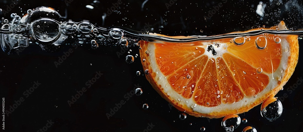 Poster orange slice in water with bubbles against black backdrop providing a copy space image