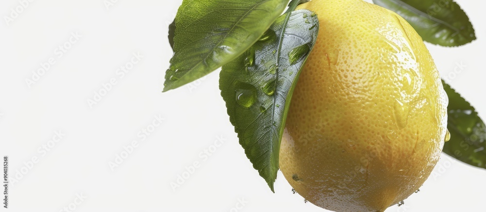 Aufkleber Close up studio photo of a lemon with leaves isolated on a white background with a clipping path for a copy space image