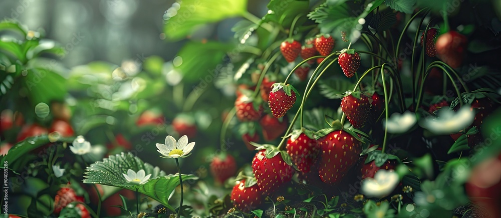 Aufkleber close up image of strawberries growing in a garden with copy space image