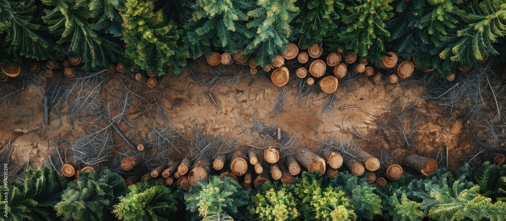 Poster Timber from pine trees prepared for transportation from the forest with a blank space for image placement. . image with copy space
