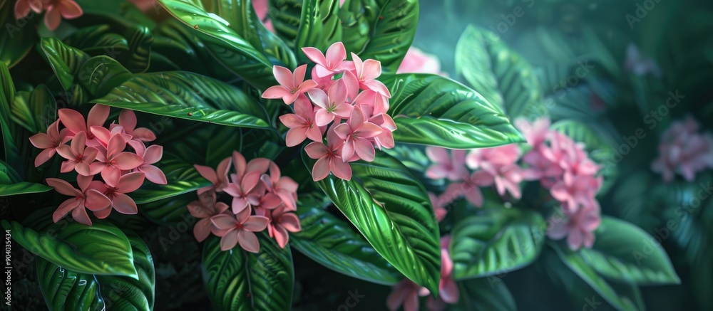 Poster Pentas lanceolata flowers in delicate pink hues are in full bloom surrounded by lush green leaves creating an elegant display in a copy space image