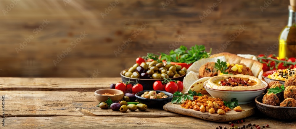 Poster Breakfast typically eaten in the Middle East featuring various dishes like falafel and hummus served with flatbreads and olives In the background a beautiful copy space image