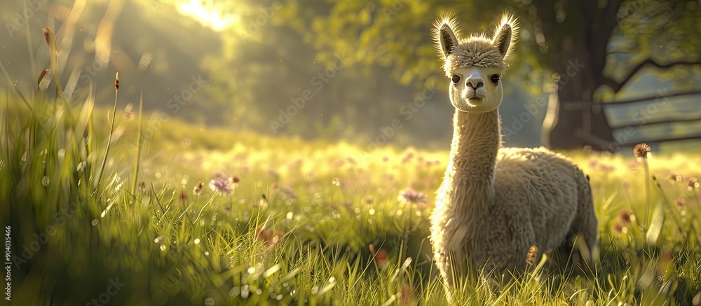 Poster Alpaca in a serene farm setting with copy space image