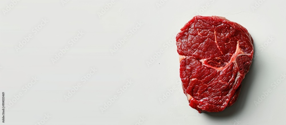 Aufkleber close up of a fresh uncooked round tip steak on a white backdrop with copy space image