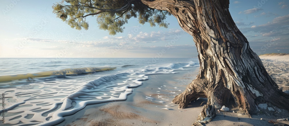 Poster An ancient tree trunk stands tall along the sandy coastline with the sea in the background creating a picturesque scene with copy space image