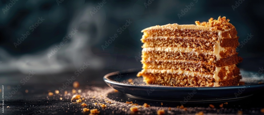 Aufkleber Selective focus on a homemade honey cake slice with a layered appearance on a copy space image