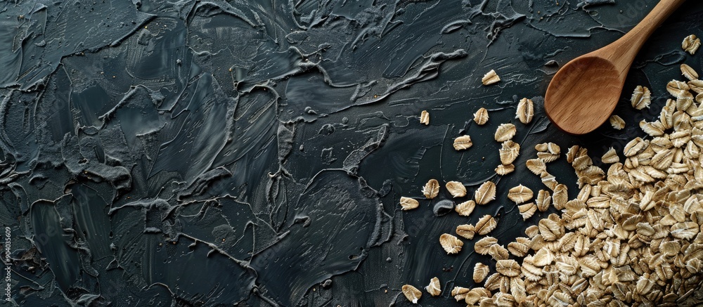Poster view from above of oats on black with wooden spoon and seeds inscription allowing ample copy space i