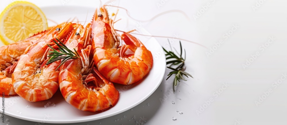 Poster Prawns fried and served with white wine on a white plate with a backdrop of copy space image