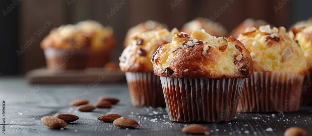 Poster Cheese muffins crafted from flour cheese eggs sugar and salt are adorned with a delightful topping of almonds and chocolate creating a delectable treat in a copy space image