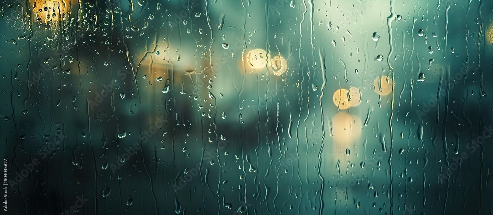 Poster observing a rainstorm through a misty window adorned with numerous raindrops providing the perfect c