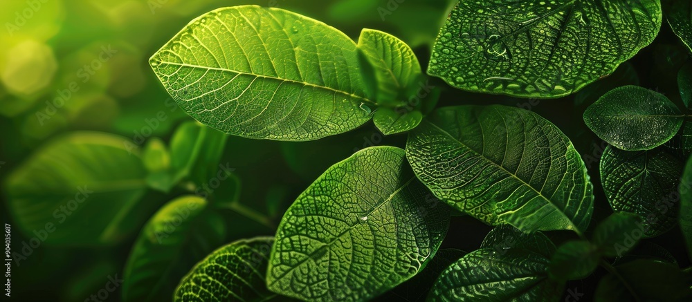 Poster large green leaves with perforations in the untouched wilderness provide a tranquil copy space image