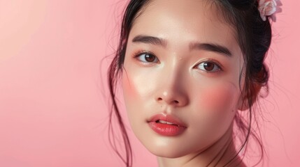 Fototapeta premium Close-up Portrait of a Young Woman with Pink Blush and Delicate Makeup