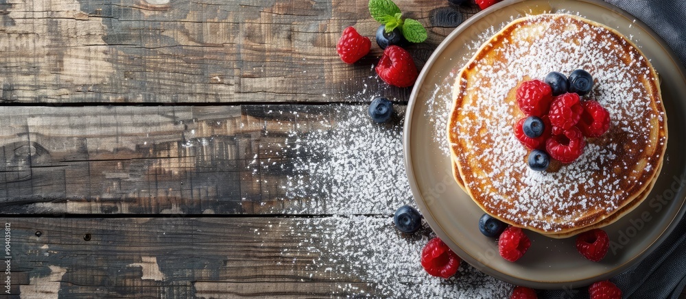 Poster delicious syrniki pancakes topped with powdered sugar and berries over a wooden table with copy spac