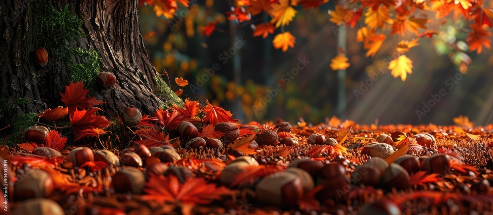 Poster Autumn leaves surround chestnuts on the ground beneath a tree creating a rustic scene with copy space image