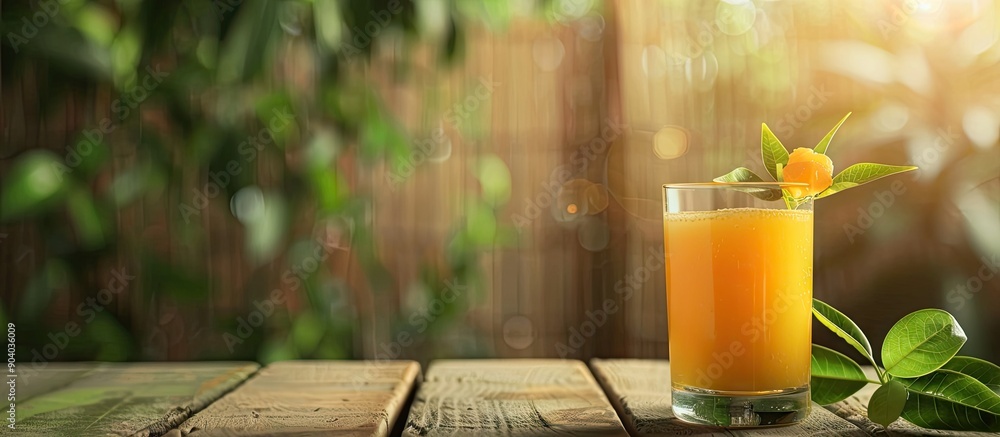 Poster health drink made from bael fruit juice displayed on a wooden table with copy space image