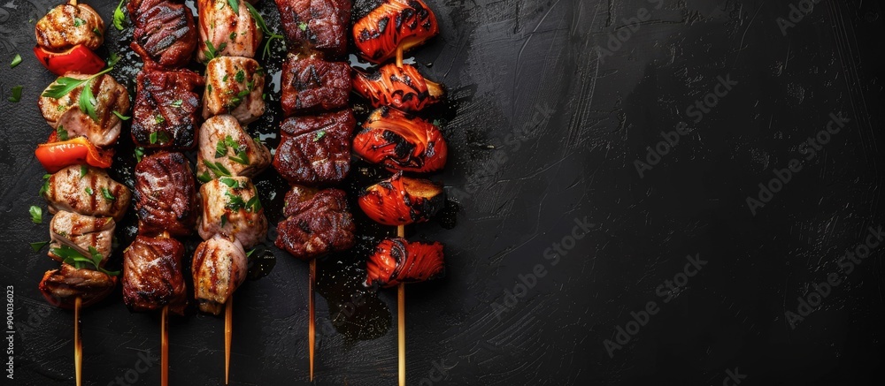 Poster authentic street food meat on skewers with copy space image