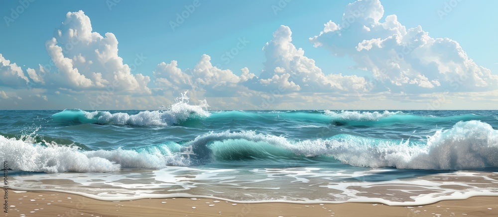 Poster summer scene with sea waves foam and sky blending at the horizon ideal for a copy space image