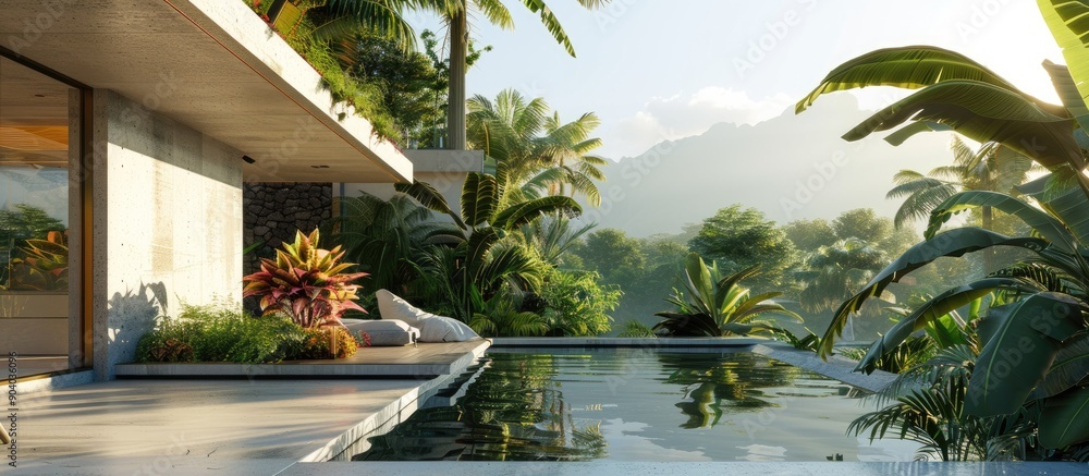 Poster ecdysanthera rosea tropical plants form a vibrant rooftop garden adding an exotic touch to the house