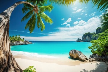 Palm tree and white sand beach with turquoise water.