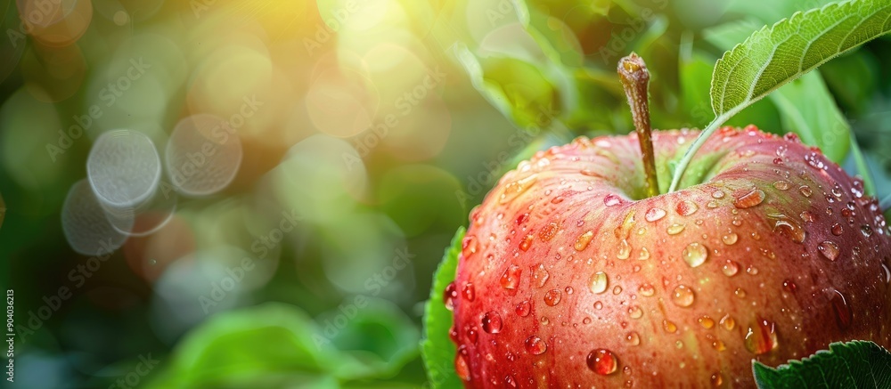 Poster Fresh apple with a water drop on its skin set against a lush green natural backdrop a concept representing a background with a copy space image