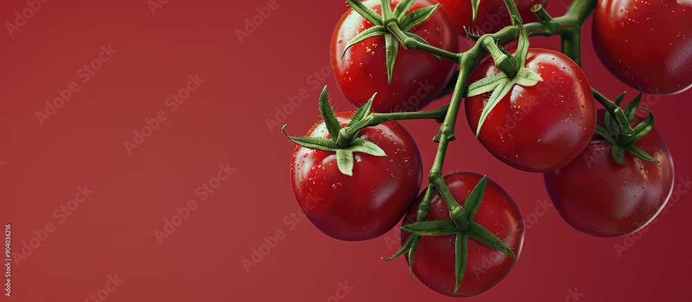 Poster tomato crop on a lush ripe branch with a vibrant red color perfect for copy space image