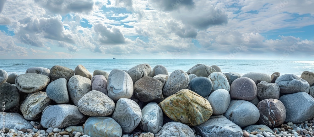 Poster Breakwater stones act as a protective barrier against beach erosion creating a serene coastal environment with a captivating copy space image
