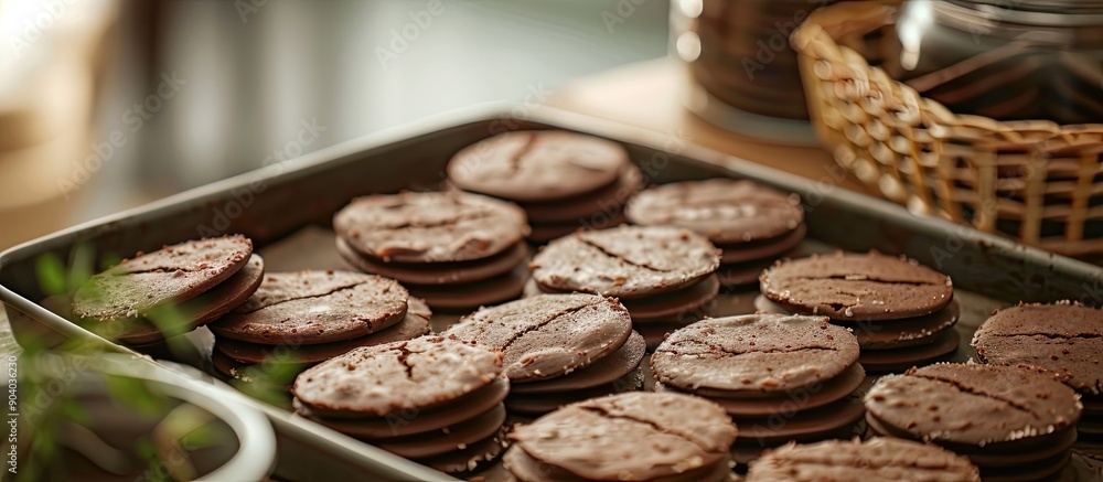 Poster A tray of cocoa cookies displayed in a confectionery with copy space image