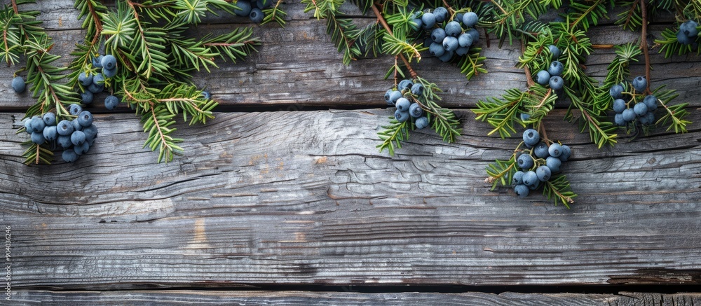 Poster wooden background with juniper berries offering copy space image