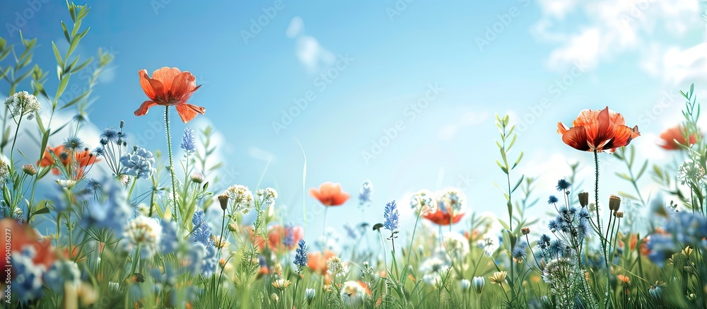 Poster vibrant flowers in the open field with copy space image