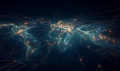 Futuristic world map with a web of light trails, depicting the interconnectedness of worldwide business