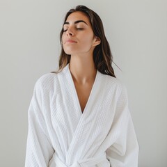 Medium shot of woman in bathroom robe, isolated on a white background,  
