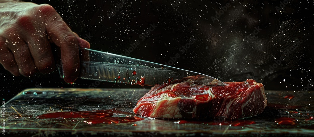 Poster Slicing through meat using a sharp knife shows a copy space image