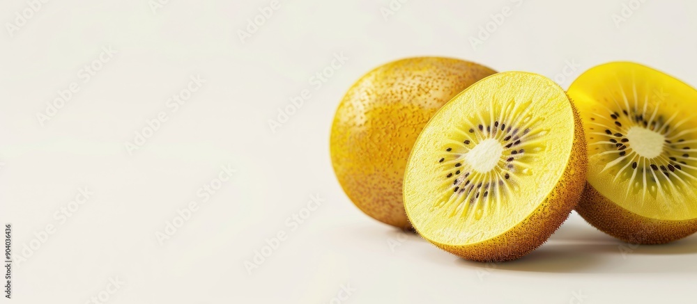 Poster close up image of ripe organic golden kiwis one whole and two halves on a white background with copy