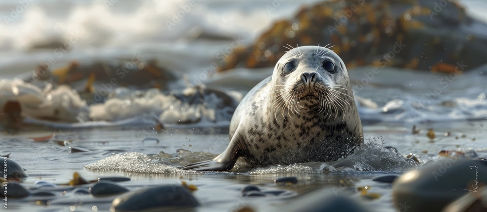 Poster a young harbor seal phoca vitulina is seen making its way from the beach into the ocean with a sceni