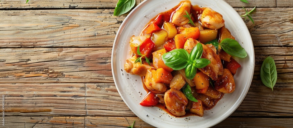 Poster A plate of chicken vegetable stew on a wooden table with a clean background suitable for utilizing as a copy space image