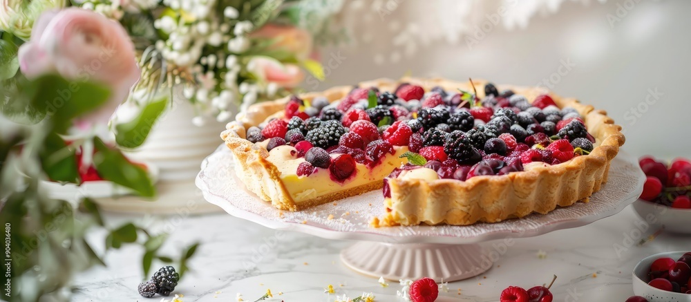 Aufkleber Fruit cake in a pie with a slice missing displayed on a white marble counter with a floral arrangement providing copy space image for text or recipes