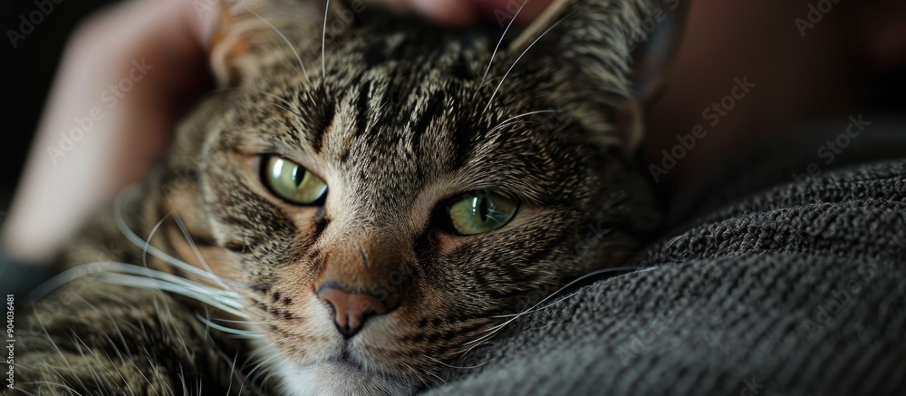 Aufkleber brown black and white tabby cat with green eyes enjoying cuddles from its owner and gazing into the 