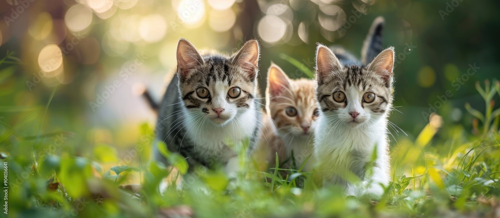 Poster Curious three toned cats exploring with copy space image