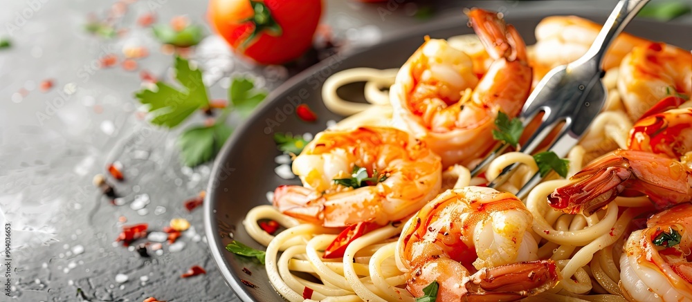 Poster A well known seafood image with a fork holding cooked shrimp on top of noodles with blank space around the dish for text or other elements. . image with copy space