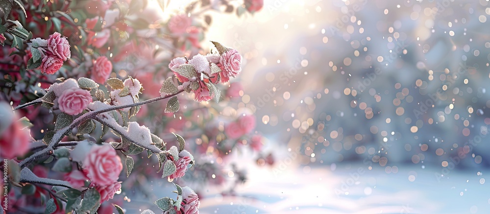 Poster winter blooms add color to a snowy landscape making copy space images visually delightful