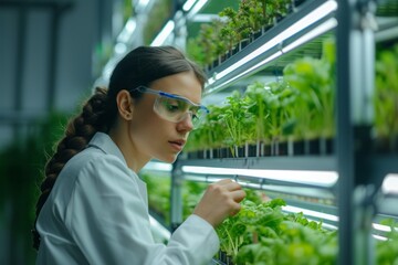 Fototapeta premium Female scientist looks at plots of organic hydroponic vegetables being grown in an indoor vertical farm. The concept of analysis, research and development of the future of agriculture