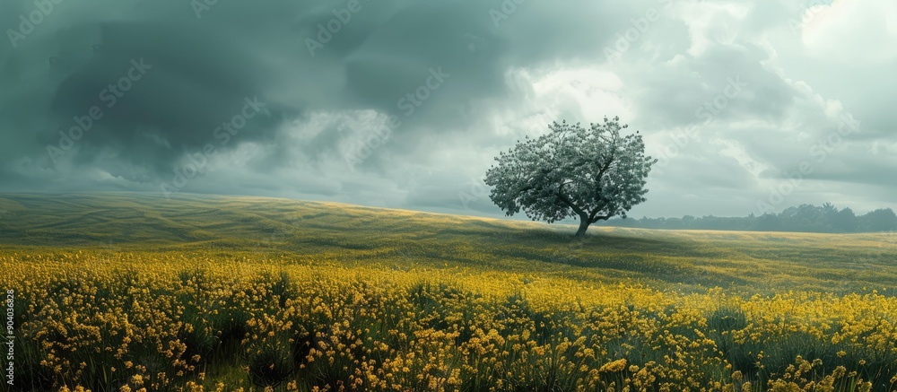 Aufkleber a serene countryside scene depicting a blooming rapeseed field under a cloudy sky hinting at an impe