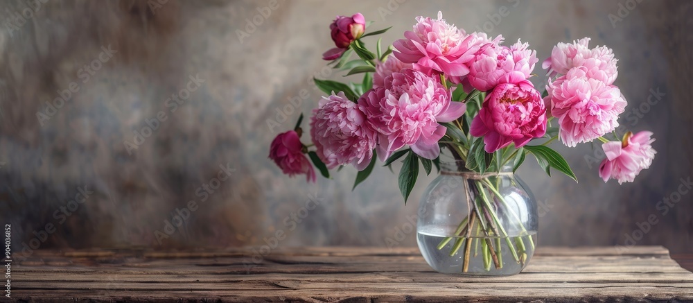 Poster a beautiful bouquet of peonies displayed in a clear glass vase on a rustic wooden table with copy sp