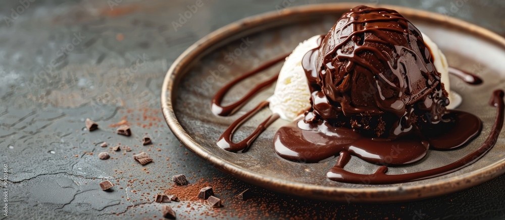 Poster decadent chocolate lava served with creamy vanilla ice cream on a plate with an alluring copy space 