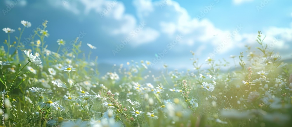 Aufkleber Scenic summer meadow with various wild daisies under a blue sky creating a magical nature background in a frame with soft selective focus ideal for a copy space image