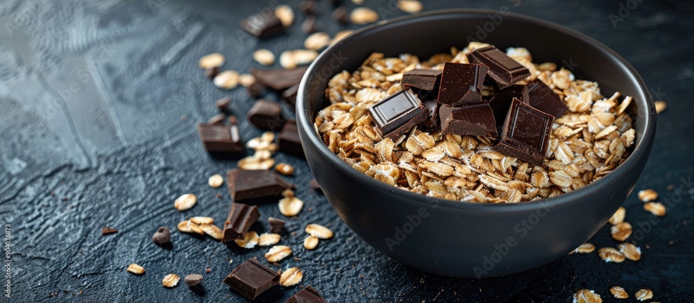 Poster healthy snack with oatmeal and chocolate morsels on a black background in an enticing copy space ima