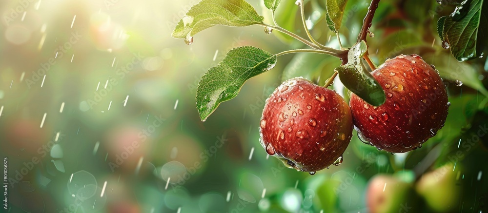Poster ripe red apples with water droplets hanging from a branch with green leaves in a close up copy space