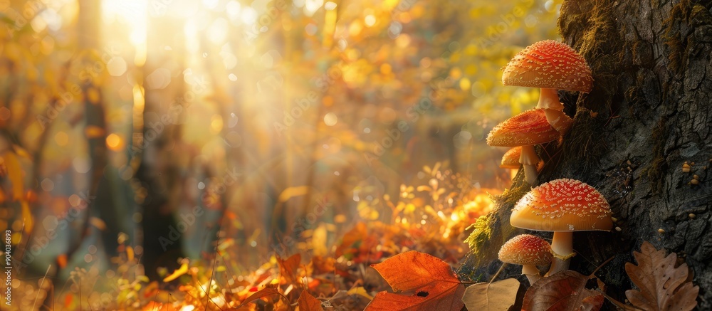 Poster autumn forest scene with mushrooms growing on a tree with copy space image